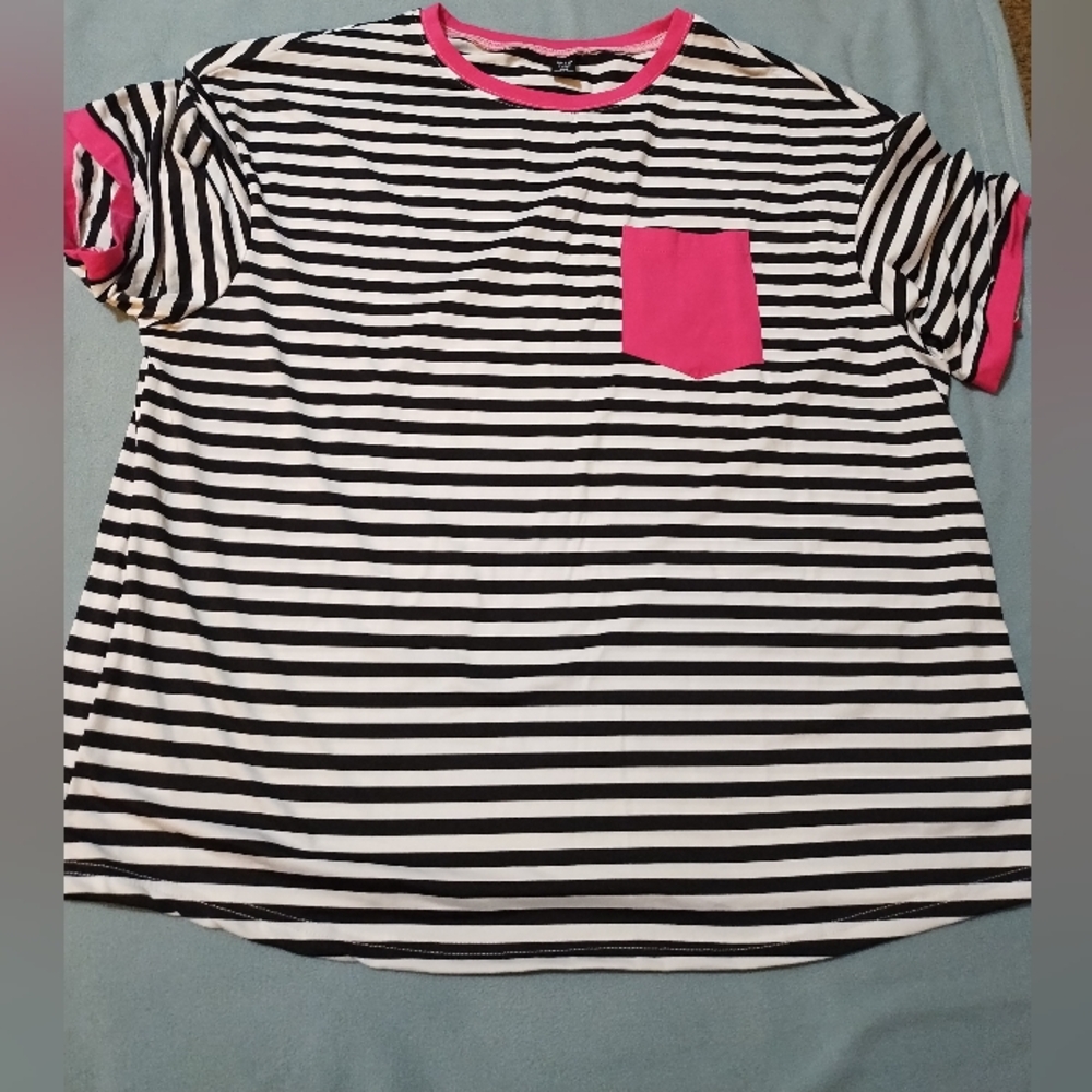 NWOT Black and White Striped Tee with Pink Highlights